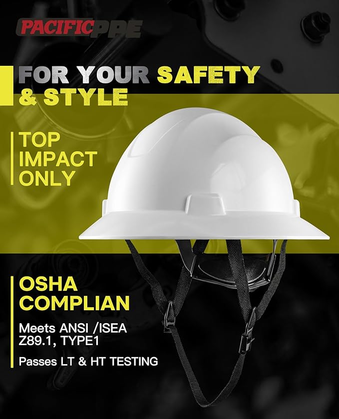 PACIFIC PPE Full Brim Hard Hat, OSHA Construction Safety Helmet Certified to ANSI Z89, 4 Point Adjustable Ratchet Suspension, Class E, G & C, White