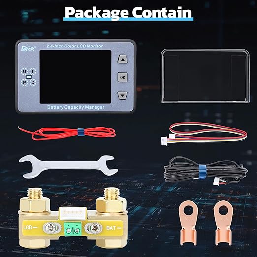 DROK Charge Discharge Monitor, DC 8-100V 200A Battery Monitor 12V 24V 36V 48V 60V Coulometer Watt Meter, 2.4 inch LCD Color Screen Capacity Percentage Time Power Voltmeter Ampmeter for RV Solar Panel
