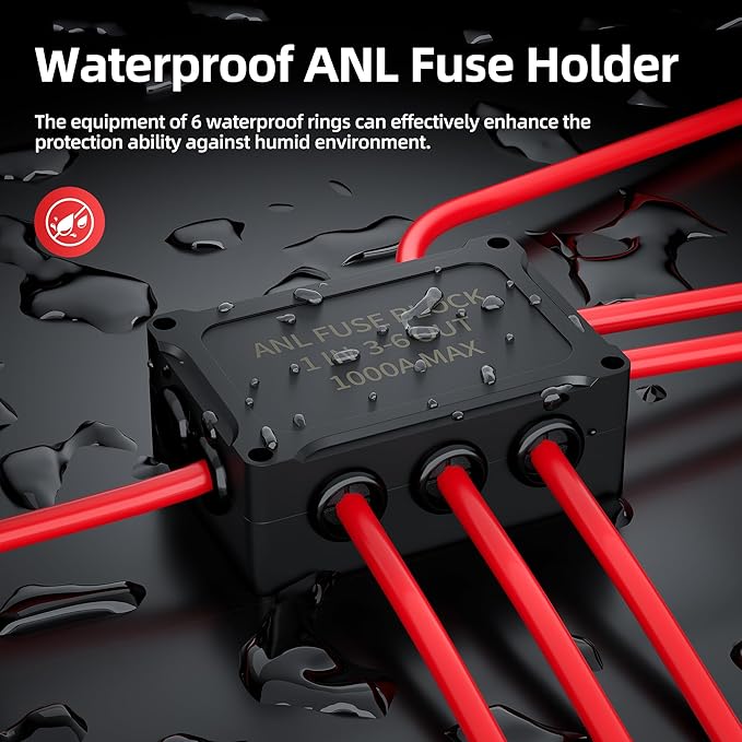 DaierTek ANL Fuse Holder M8 Stud Terminals Max 1000A Marine ANL Fuse Block 1 In 3-6 Out ANL Fuse Block with 200A 400A 600A 800A ANL FUSE for Automotive Car Truck Boat