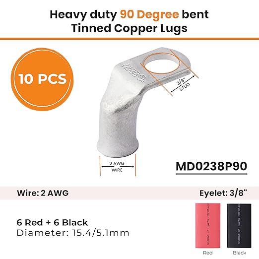 SELTERM 10pcs - 2 AWG 3/8" Stud - 90° Bent Battery Lugs - Ring Terminal Connectors with 12pcs 3:1 Black & Red 5/8" Heat Shrink Tubing - Heavy Duty Battery Cable Ends - Tinned Copper Wire Connector Kit