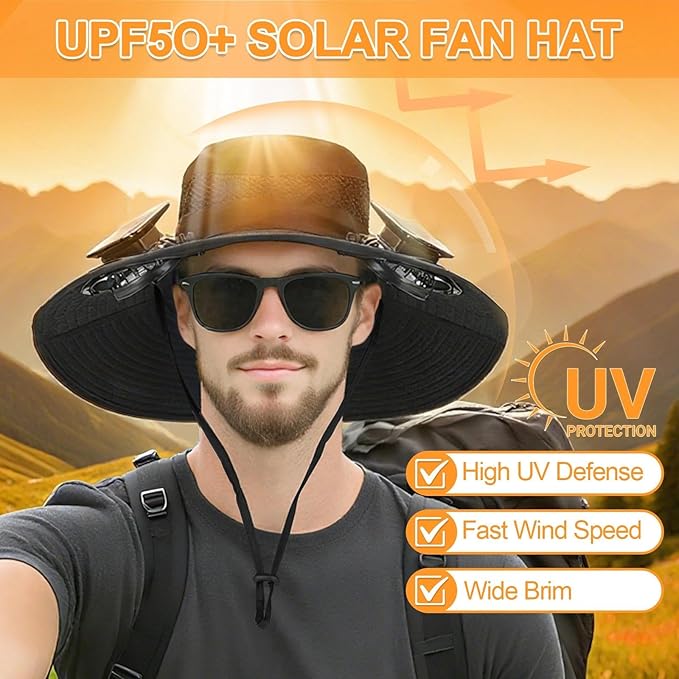 Wide Brim Solar Fan Outdoor Fishing Hat, 2 Solar Fan Hats for Men, Hat with Solar Fans Built in, Fishing Hat with Fan for Men