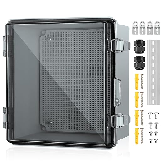 Waterproof Electrical Junction Box, IP67 Plastic Weatherproof Outdoor WiFi Enclosure with Mounting Plate, Wall Brackets, for WiFi Electronics Project, Clear (13"×13"×5")