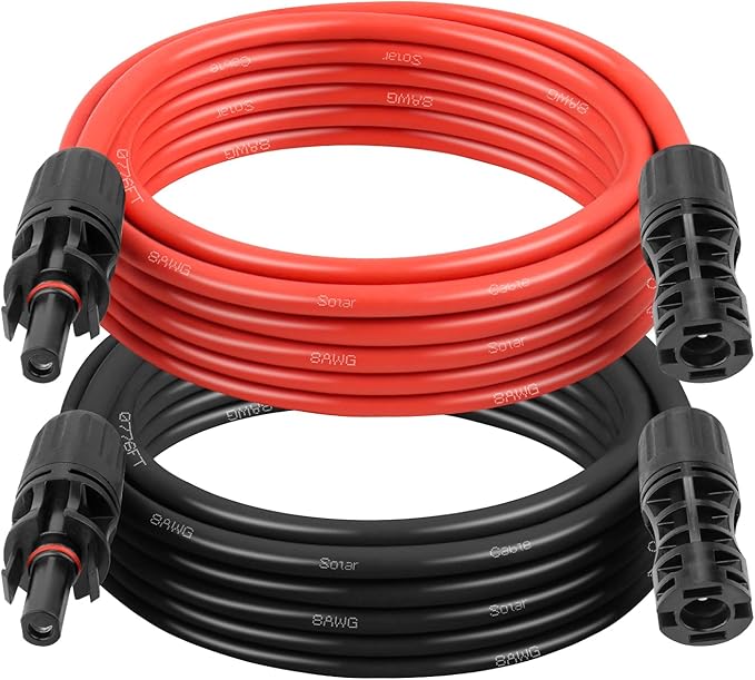 Solar Extension Cable 8AWG 15FT 2-Pack (Red + Black), PV Wire with Male/Female Solar Connectors, Weatherproof Solar Panel Wire for RV, Boat, Inverter, Off-Grid Systems