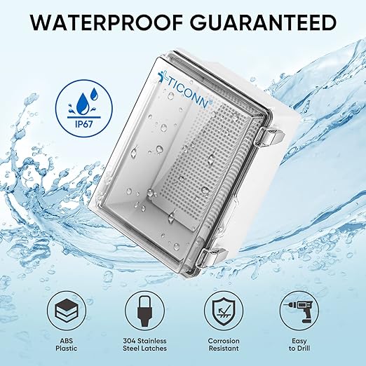 TICONN Outdoor Electrical Box Waterproof, Junction Box IP67 ABS Plastic Enclosure with Hinged Cover with Mounting Plate, Wall Brackets, Cable Glands (Clear, 13.8"x9.8"x5.9")