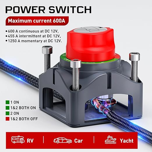 Nilight Battery Switch 1-2-Both-Off 12V 24V 48V 600A High Current Heavy Duty Battery Power Cut Master Switch Disconnect Isolator for Truck Vehicle Trailer RV Marine Boat Yacht