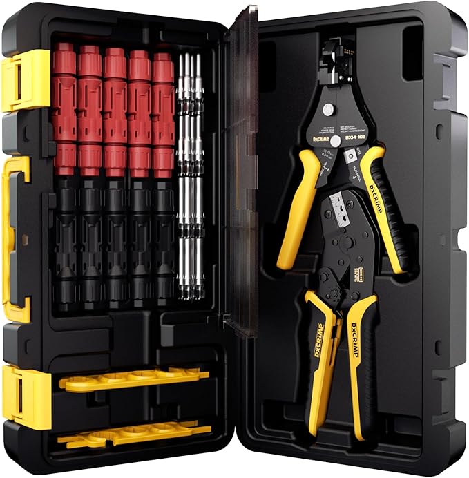 Solar Crimper Tool Kit for 14-10 AWG Solar Panel Cable, with 10 Pairs Solar Connectors, Solar Crimper, Automatic Wire Stripper and Wrench, Solar Installation Assembly Tools