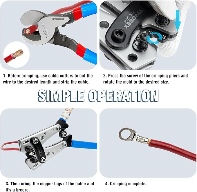 Battery Cable Lug Crimping Tool for AWG 10-1/0 Electrical Lug, with 2pcs Cable Cutter 64pcs Ring Terminals and 70pcs Heat Shrink Tubing