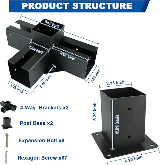 Pergola Gazebo Brackets Kit Nopwer - 4-Way Right Angle Corner Bracket for 4x4 Inch Wood Beams