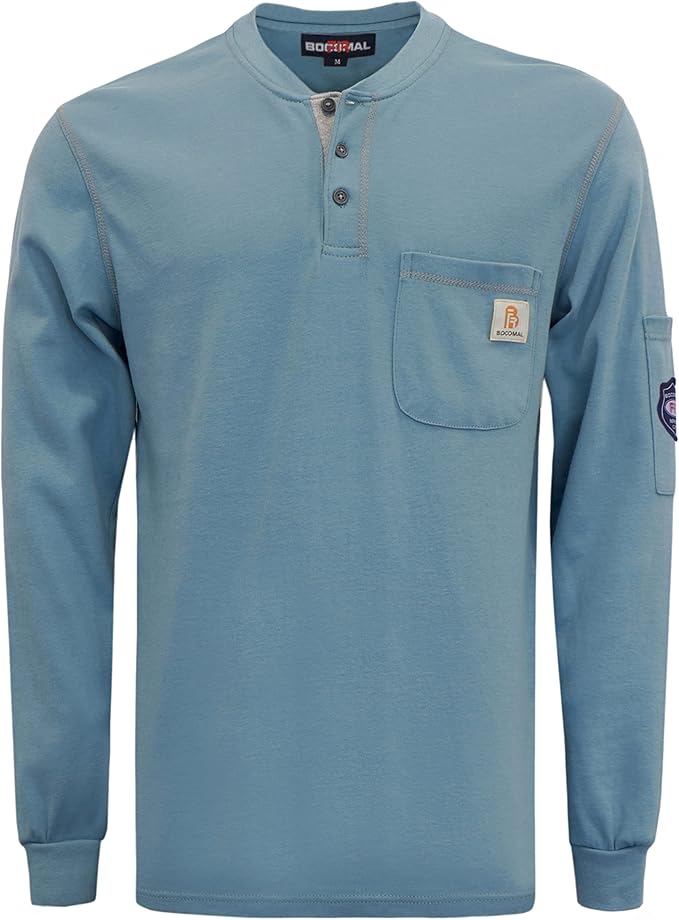 BOCOMAL FR Shirts Flame Resistant Henley Shirt NFPA2112/CAT2 7oz Men's Long Sleeve Fire Retardant Clothing