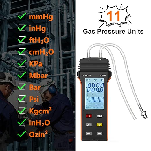 BTMETER Manometer HVAC Gas Pressure Tester 189A, Dual-Port Air Pressure Meter Gauge with Hose Kit Measure Static Pressure Differential Gas Pressure for Furnace Water Column