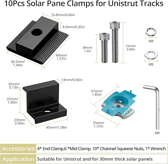 Anbte 10 PCS Solar Panel Mounting Brackets for Unistrut, Aluminium 30mm 6 x T-Shaped Mid Clamps + 4 x End Clamps, Solar Panel Mounting Kit for Metal, Tin, Flat, Sheet Roofs, RV, Black