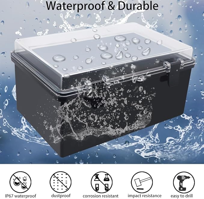 Junction Box, Hinged Black Clear Cover IP67 Waterproof ABS Project Box with Mounting Plate Electrical Box Enclosure with Wall Bracket 11.4 x 7.5 x 5.5inch(290x190x140mm)