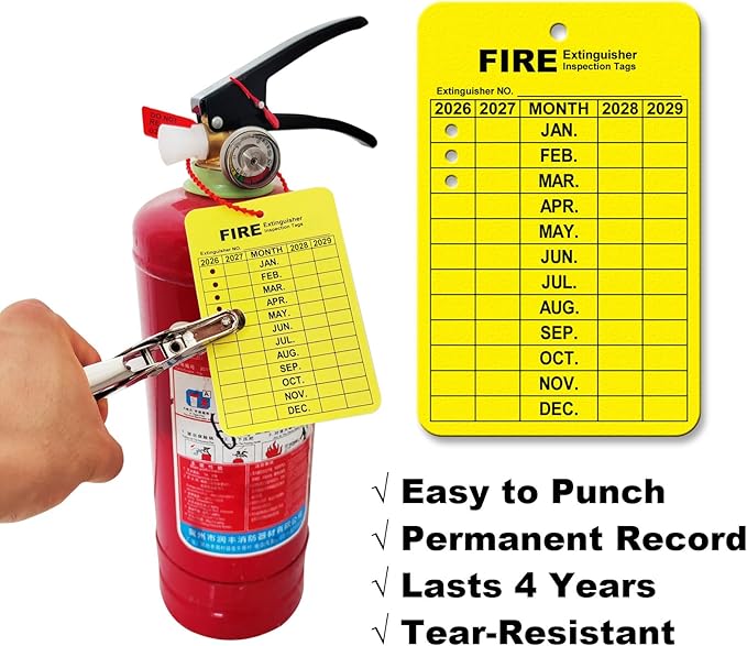 30 Sets Fire Extinguisher Tags Monthly Inspection Tear-Resistant Numbered Plastic Tamper-Evident Cable Ties Easy to Punch Includes Handheld Hole Puncher- Red