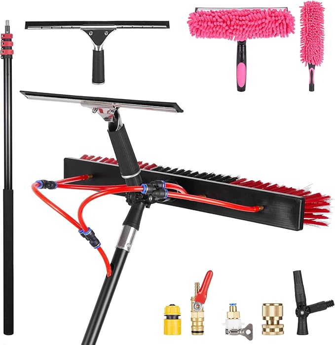 18FT Solar Panel Cleaning Brush & Squeegee Kit, Proffesional Window Washing Tool, 22in Wide Brush & 2 Dusting Brush, Water Fed Pole, Extendable Telescopic Pole for Roof Mounted Solar Panels