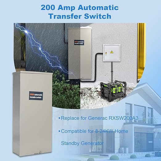 200 Amp Automatic Transfer Switch Generator, Single Phase Transfer Switch with Power Management Replacement for Generac RXSW200A3, NEMA 3R Outdoor Rated Aluminum Enclosure for Indoor and Outdoor Use