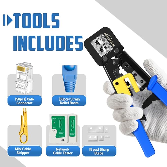Pass Through RJ45 Crimp Tool Kit Cat 6 Cat 5E Cat 5 Ethernet Crimper Kit RJ45 Crimping Tool with Network Cable Tester, Mini Cable Stripper, 50 Pcs Cat6 Connectors and Strain Relief Boots