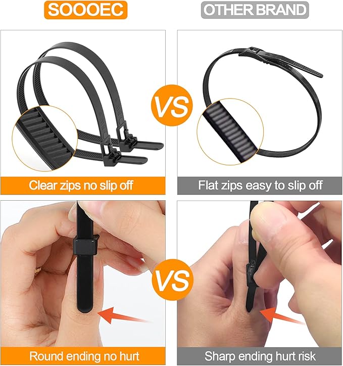 SOOOEC 100 Pack Reusable Zip Ties Assorted Sizes 6+8+10+12 Inch UV Resistant, Black Zip Ties Heavy Duty Outdoor Releasable Round Ending No Hurt, Cable Ties Reusable Tie Wraps Indoor Non Slip Off