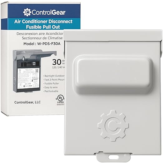 30 Amp Pullout FUSIBLE Disconnect Switch, ControlGear Brand 240V NEMA 3R Outdoor Metallic Enclosure for HVAC Systems, UL Certified, Single Phase Two Wire (fuses NOT Included)