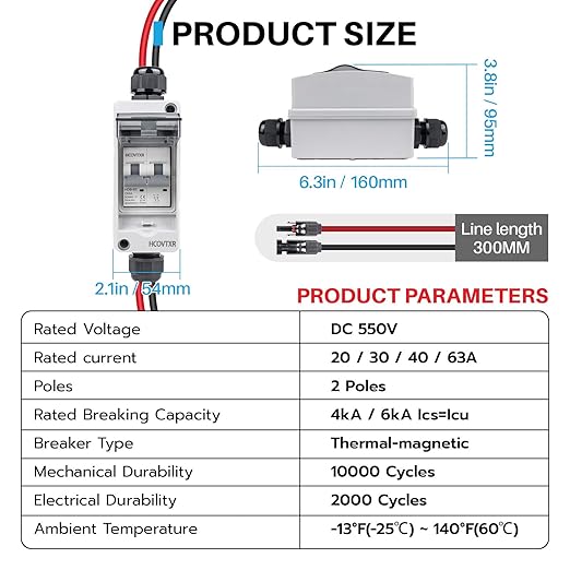 Solar Panel Disconnect Switch 63A 550V DC PV Disconnect Switch with Solar Cable, IP65 Outdoor Solar Circuit Breaker for Solar Panels Home Battery Systems(63A 550V)