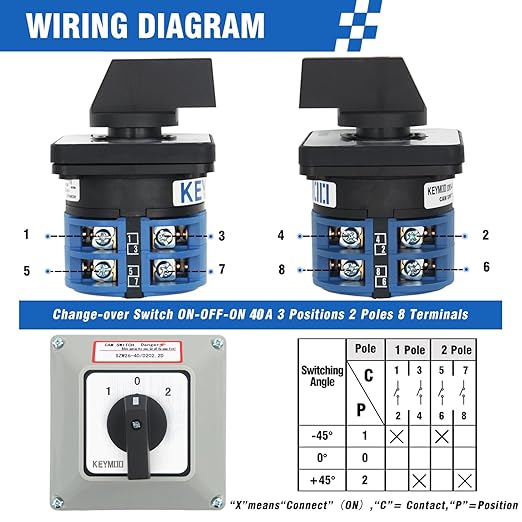 40A Rotary Changeover Switch with Box, 660V 3 Position 2 Phase 8 Terminals, 2-Way 2NO 2NC Universal Selector Switch with Yellow Fork Terminals IP65 CE 26-40/D202.2D