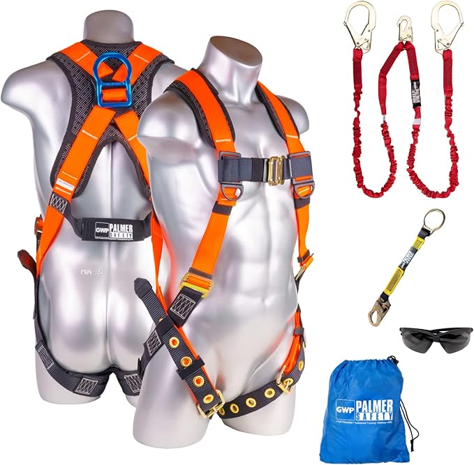 Palmer Safety Fall Protection Safety Harness Kit I Construction Harness + Various Lanyard + D-Ring Extender
