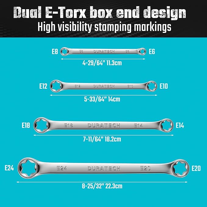 DURATECH 4-Piece E-Torx Wrench Set, Double Box End Wrench Set, CR-V Steel, Including E6*E8, E10*E12, E14*E18 and E20*E24, Organized in Pouch