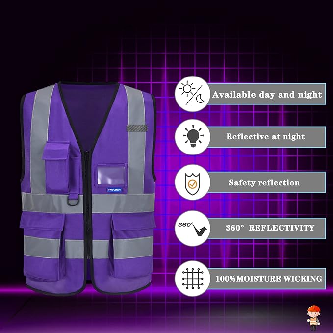 A-SAFETY Purple High Visibility Safety Vest with 4 Reflective Strips 7 Pockets,3XL