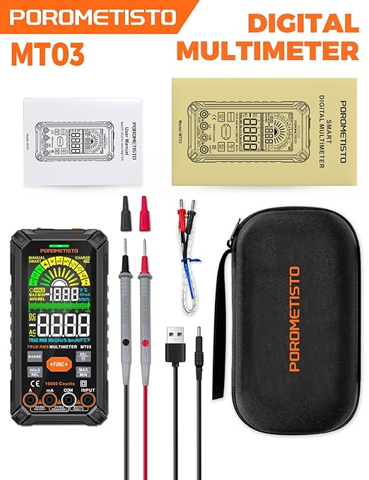 Digital Multimeter Tester 10000 Counts, Smart Multimeter Rechargeable, Auto-Ranging Voltmeter for Measuring Voltage and so on, Dual Fuse Overload Protection, Foldable Stand, Smart Input Jack Warning
