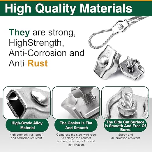 20 Pack Wire Rope Clips for 1.5-3mm Cable, M3 Stainless Steel Simplex Single Bolt Clamps with Washers and Wrench