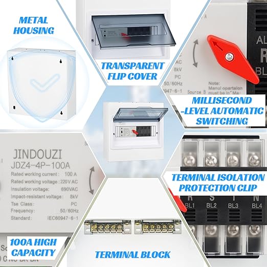 100A Automatic Transfer Switch,220V Generator Transfer Switch,Millisecond Level Dual Power Automatic Transfer Switch, with Metal Distribution Box