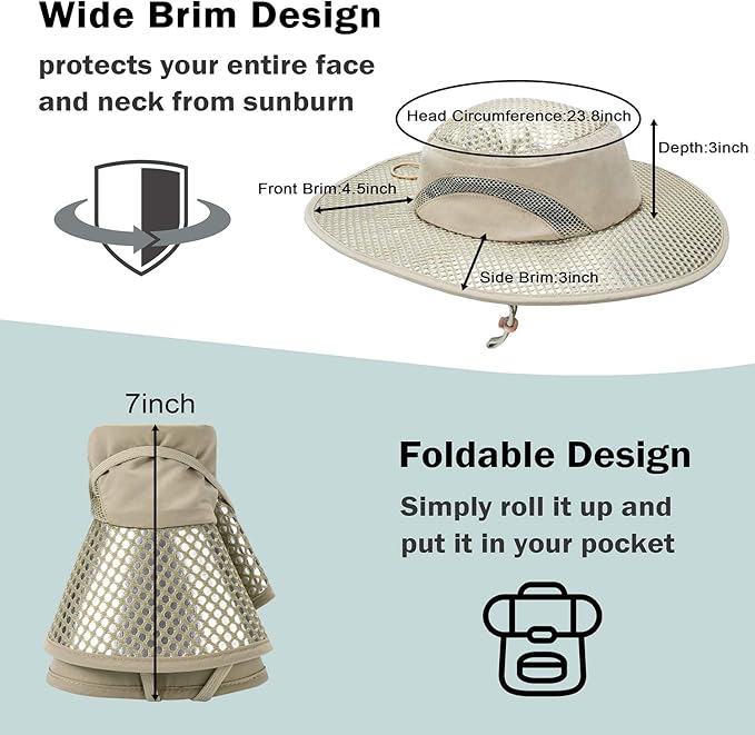 Men Safari Sun Hat Wide Brim Boonie Fishing Cap with Adjustable Drawstring