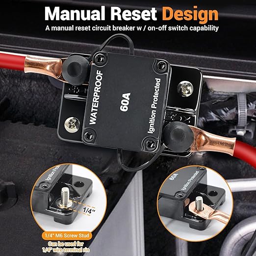 Auto Reset 60Amp Circuit Breaker for Boat Trolling Motor Marine ATV Trailer Vehicles Stereo Audio Electronic Battery Solar System Inline Fuse Waterproof DC 12V-48V (Surface-Mount-Auto Reset)