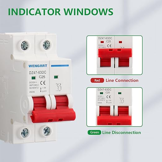 Wengart DC Miniature Circuit Breaker DZ47-63Z, 500V 2 Poles 25A, Work for Battery and Solar PV Systems and Other DC Systems, DIN Rail Mount, Disconnect Switch