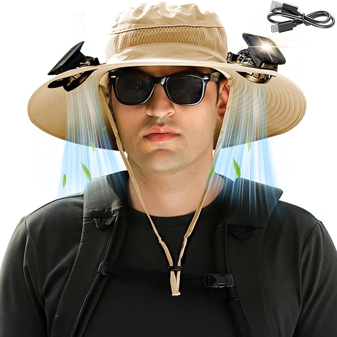 Solar Fan Hat for Men Women, Wide Brim UPF50+ Sun Hat with 2 Removable Fan 3-Speed Wind Solar&USB Charging