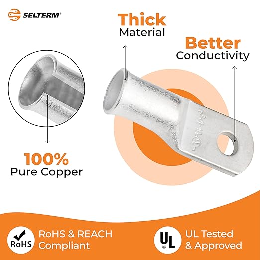 SELTERM 10pcs 4 AWG-#10 Stud Tinned Copper Wire Lugs, Heavy Duty Battery Cable Ends,4 Guage Ring Terminals, UL Battery Lugs Marine Grade Copper Eyelets Electrical Battery Terminal Connectors