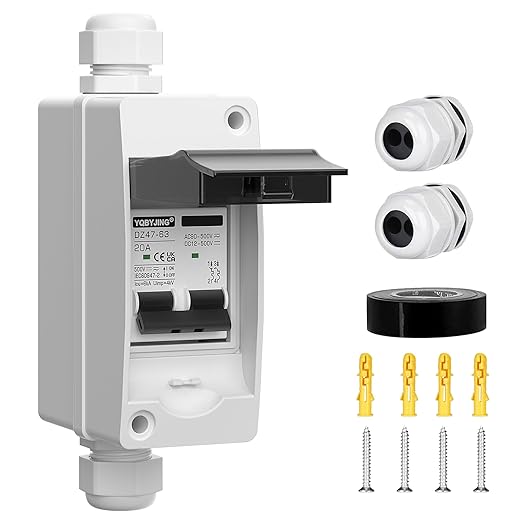 DC Solar Panel Disconnect Switch 20 Amp AC Miniature Circuit Breaker Box 500V 2 Poles with IP65 Waterproof UV-Proof Box for Outdoor Solar PV Homes Battery
