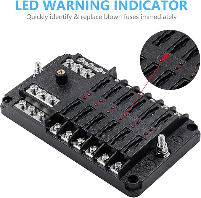 12 Way 12V Fuse Box 12Volt Blade Fuse Block Holder, 12 Circuit W/Negative Bus Waterproof Fuse Box with LED Indicator for 12V/24V Automotive Golf Cart Truck Car Boat Marine RV Van Vehicle