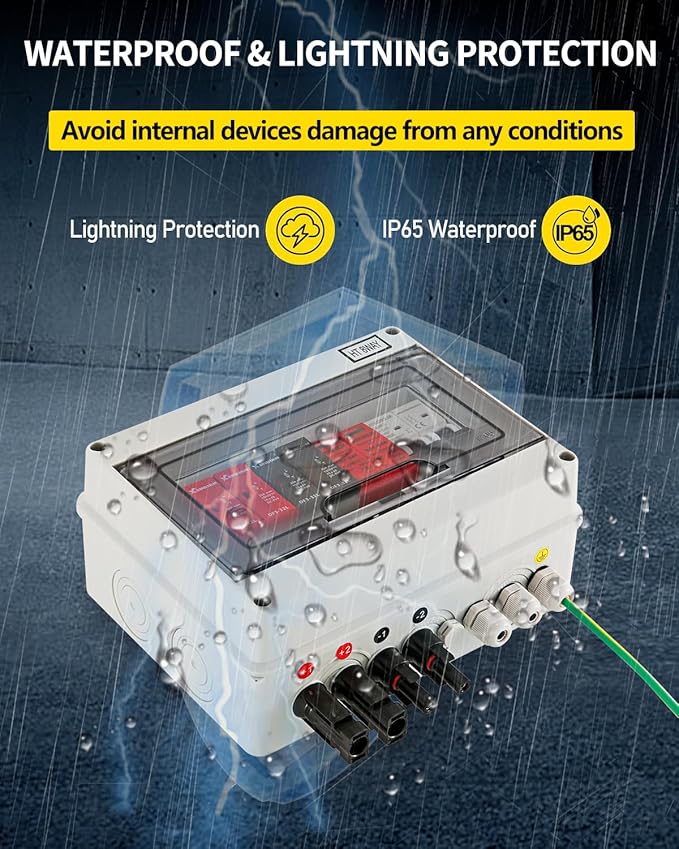 VOU 600V Solar DC PV Combiner Box,2 String with Lightning Arrester Connector for On/Off Grid Solar Panel System,2 Input 1 Out 15A Rated Current Fuse,63A Circuit Breaker,IP65 Waterproof,MCB,SPD