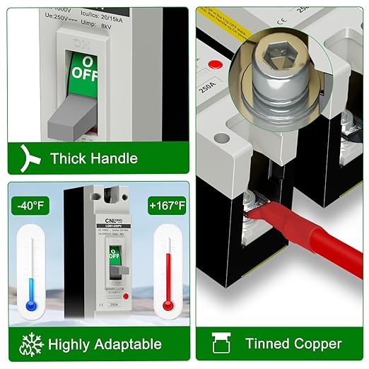 250Amp Molded Case Circuit Breaker MCCB 1 Pole DC250V Battery Disconnect Switch, PV Circuit Breaker or Main Power for Boat, Solar, UPS and Battery
