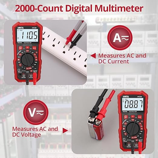 BINTA Digital Multimeter 2000 Counts with AC/DC Voltage, 1.5V/3V/9V Battery Tester Ohm Volt Amp Meter, Multimeter Tester with NCV, Temperature, Diode Measuring for Automotive Home Industrial