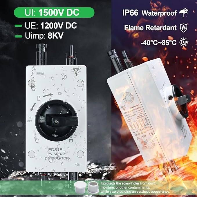 DC1500V 32Amp Solar Disconnect Switch Black Isolator Solar Switch with 2MC4 8KV Waterproof IP66 Enclosure for Rooftop Solar Systems 1-in 1-Out