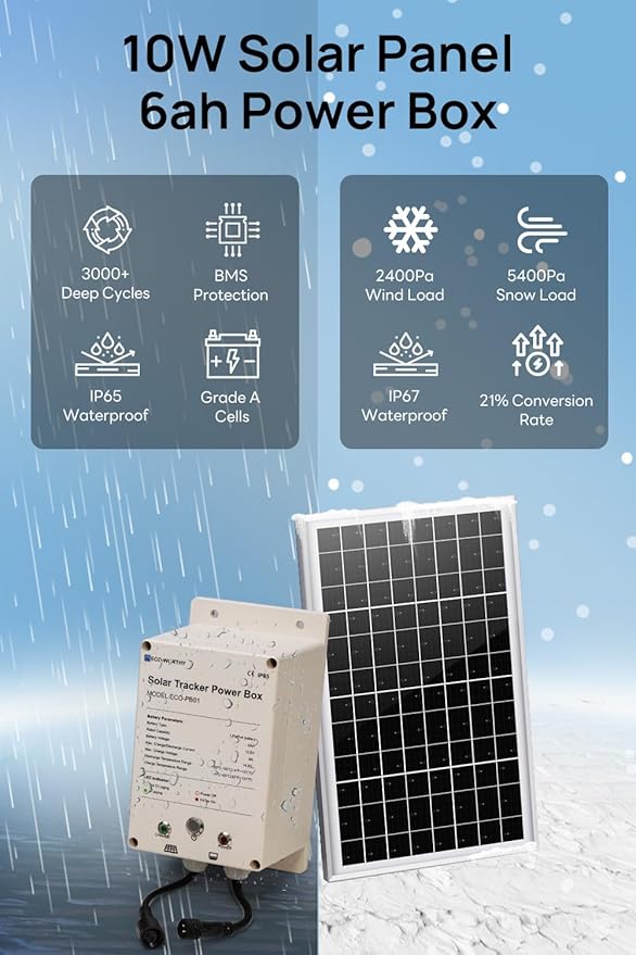 ECO-WORTHY Power Box for Solar Tracker System IP65 Waterproof: 10W Monocrystalline Solar Panel + 6AH 12V LiFePO4 Battery with 3000+ Cycles and BMS Protection Plug and Play for Garden and Outdoor