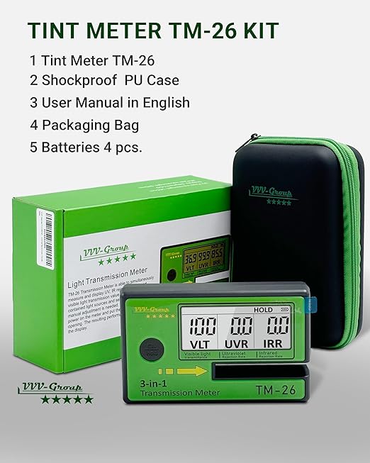 Digital Window Tint Meter TM-26 – Automotive VLT Tester with UVR & IRR Measurement, 8mm Slot Light Transmittance Meter for Car Side Windows and Solar Film Inspection (with PU Case)