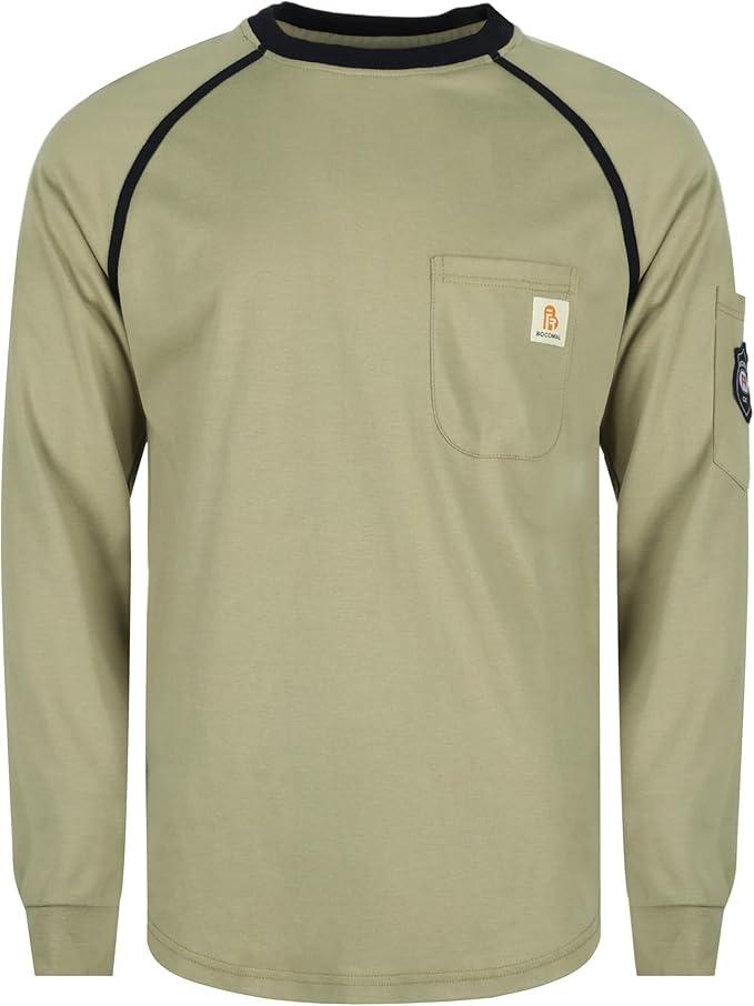 BOCOMAL FR Shirts for Men Crew Neck Long Sleeve 5.5oz Light Weight Flame Resistant/Fire Retardant Clothing Shirt