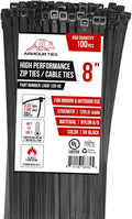 8-inch Black Zip Ties Heavy Duty UV Resistant Nylon Cable Ties, 120lb Tensile Strength, 100-Pack - Durable Wire Ties, Heavy Duty Tie Straps Indoor and Outdoor Cable Management Solution by ARMOUR TIES