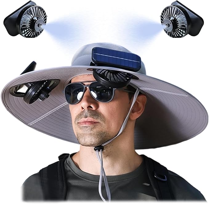 Solar Fan Hat with Mist, Mens Wide Brim Solar Power Fans Hat with Built in Fan, USB Solar Charging for Outdoor Fishing