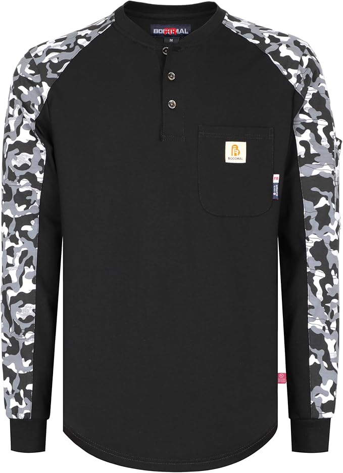 BOCOMAL FR Shirts 6oz Lightweight Flame Resistant Long Sleeve Henley Shirt Fire Retardant Workwear NFPA2112 CAT2