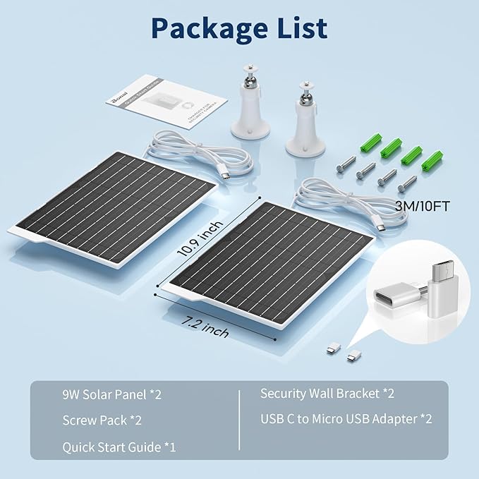 2 Pack 9W Solar Panels- IP65 Waterproof, High Efficiency Charger with 10FT USB-C Cable and Micro USB Adapter, Works in -4°F~176°F, for Outdoor Cameras, Smartphones and All DC 5V Devices