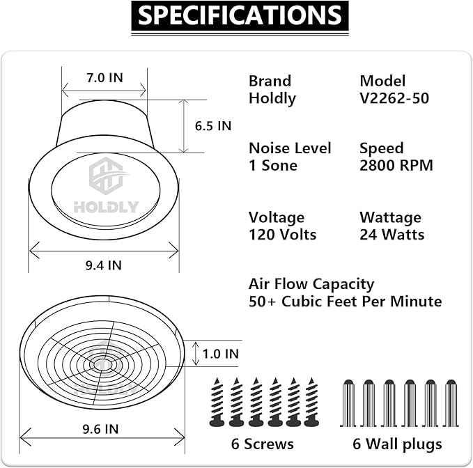 V2262-50 7 Inch Bathroom Exhaust Fan, 50 CFM, 1.0 Sones, 7" Ceiling Exhaust Fan, for 8 Inch Diameter Rough-in Opening, Ideal Ventilation for Bathroom, Laundry Room, Mobile Home, Kitchen & Garage