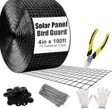 4in X 100ft Solar Panel Bird Guard - 1/2" Black PVC Mesh Galvanized Rust-Resistant Net, Critter Guard for Solar Panels with 70 Fastener Clips, Gloves, Cutting Pliers